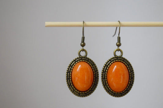 Vintage orange jade dangle earrings, Oval gemstone, Stone bronze pendant hanging, Statement filigree earrings, Boho, Jewelry gift women