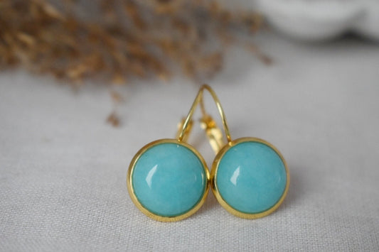 Turquoise Jade Earrings, 12mm Gemstone Dangle Earrings, Hanging Earrings, Turquoise Gold, Lever Back Earrings, Jade Jewelry, Gift For Her