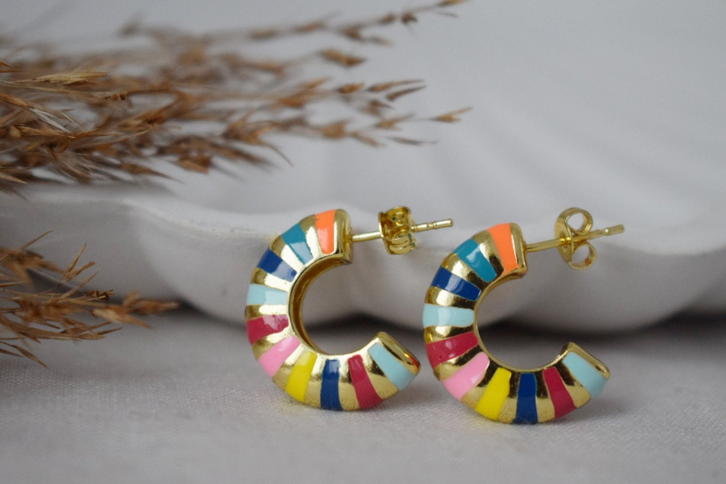 Half hoop colorful enamel stud earrings, Semi circle earrings, 18k gold plated C shape earrings, Statement chunky hoops, Modern, Gift women