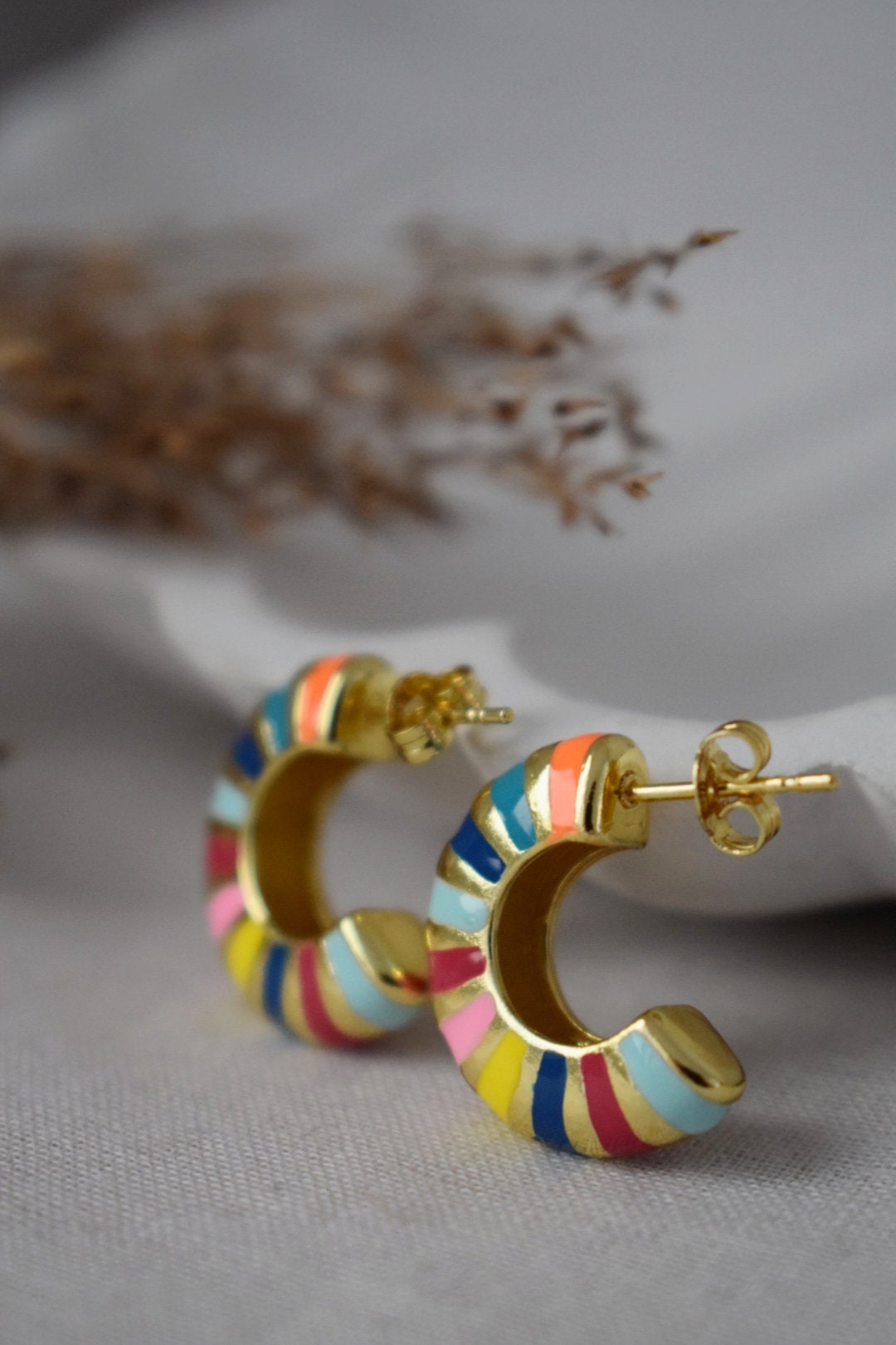 Half hoop colorful enamel stud earrings, Semi circle earrings, 18k gold plated C shape earrings, Statement chunky hoops, Modern, Gift women