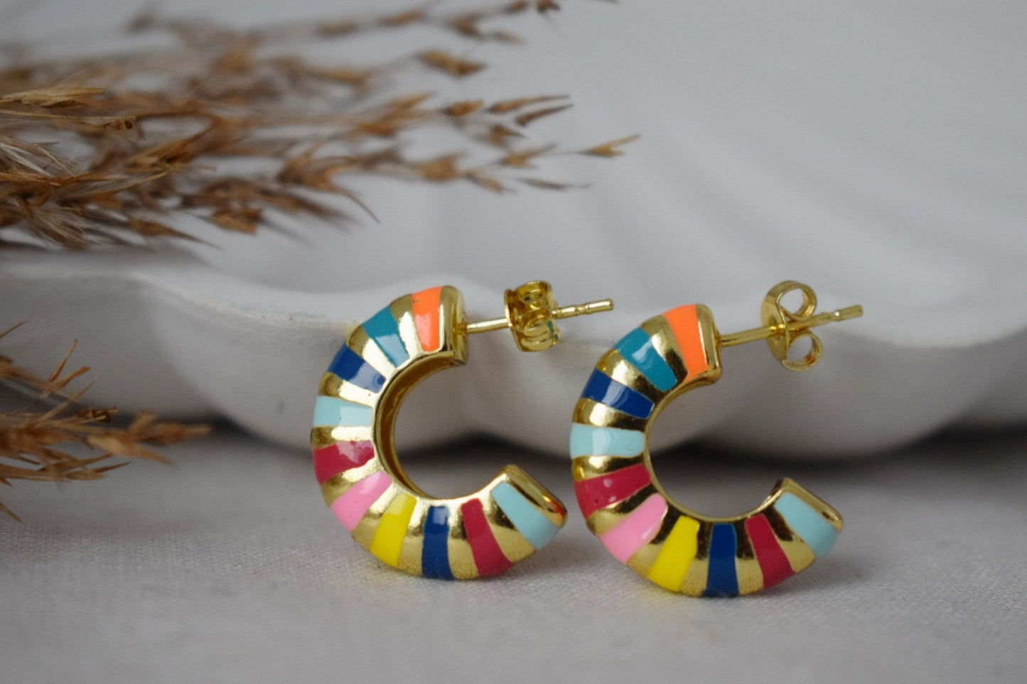 Half hoop colorful enamel stud earrings, Semi circle earrings, 18k gold plated C shape earrings, Statement chunky hoops, Modern, Gift women