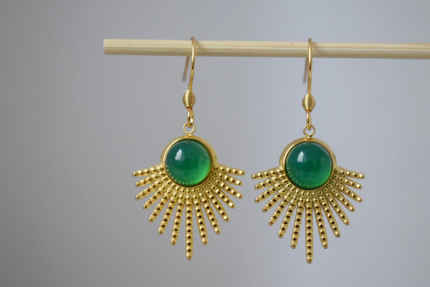 Green agate earrings, Sun rays dangling earrings, Sunburst, Green gemstone drop earrings, Celestial, Gold plated stainless steel jewelry