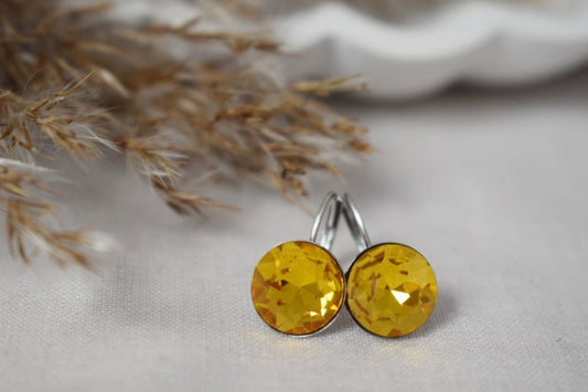 Yellow Rhinestone Earrings, Faceted, Crystal Earrings, 10mm, Glass Dangle Earrings, Small Elegant Leverback Earrings, Jewelry Gift For Her