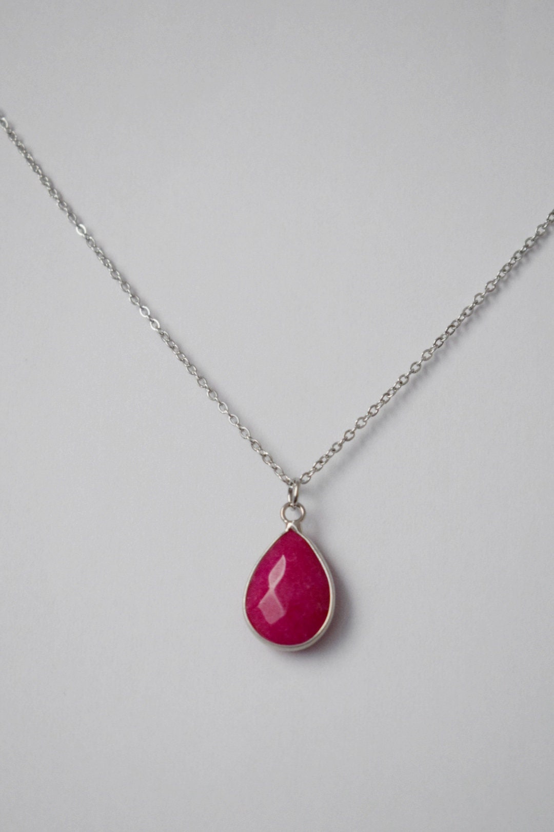 Pink Jade Teardrop Necklace, Camellia Color, Gemstone Drop Pendant, Faceted Stone, Statement Jewelry, Stainless steel, Handmade Gift for her