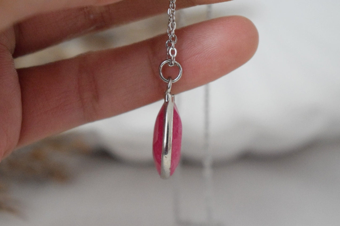 Pink Jade Teardrop Necklace, Camellia Color, Gemstone Drop Pendant, Faceted Stone, Statement Jewelry, Stainless steel, Handmade Gift for her