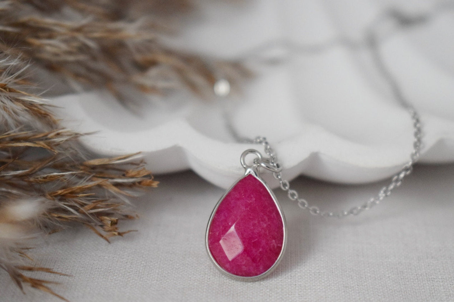 Pink Jade Teardrop Necklace, Camellia Color, Gemstone Drop Pendant, Faceted Stone, Statement Jewelry, Stainless steel, Handmade Gift for her