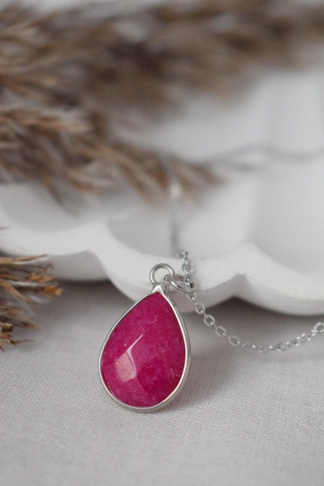 Pink Jade Teardrop Necklace, Camellia Color, Gemstone Drop Pendant, Faceted Stone, Statement Jewelry, Stainless steel, Handmade Gift for her