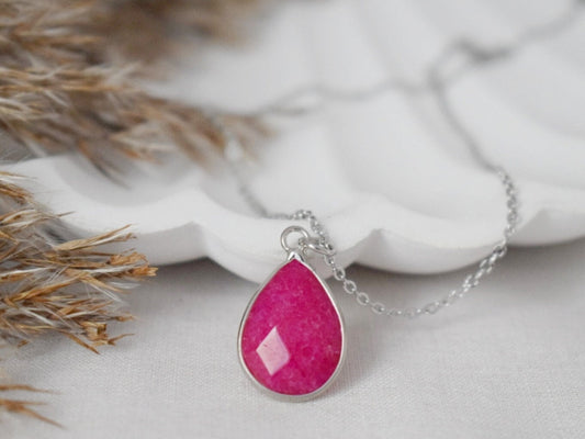 Pink Jade Teardrop Necklace, Camellia Color, Gemstone Drop Pendant, Faceted Stone, Statement Jewelry, Stainless steel, Handmade Gift for her
