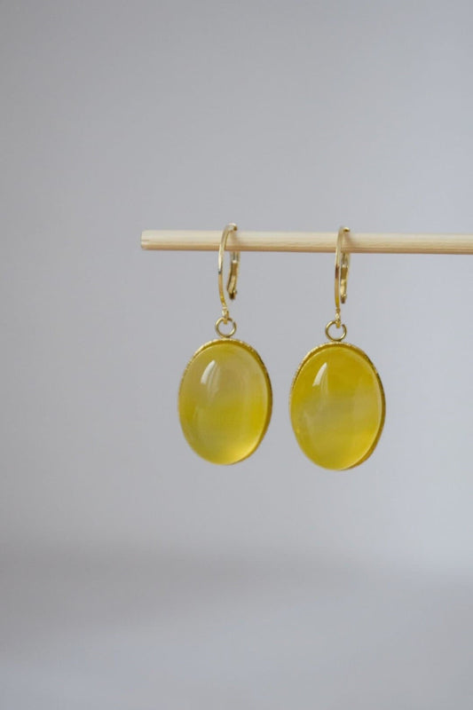 Yellow agate earrings, Oval gemstone dangle huggie hoops, Natural Stone hanging earrings, Handmade jewelry, Mother's day Gift for her
