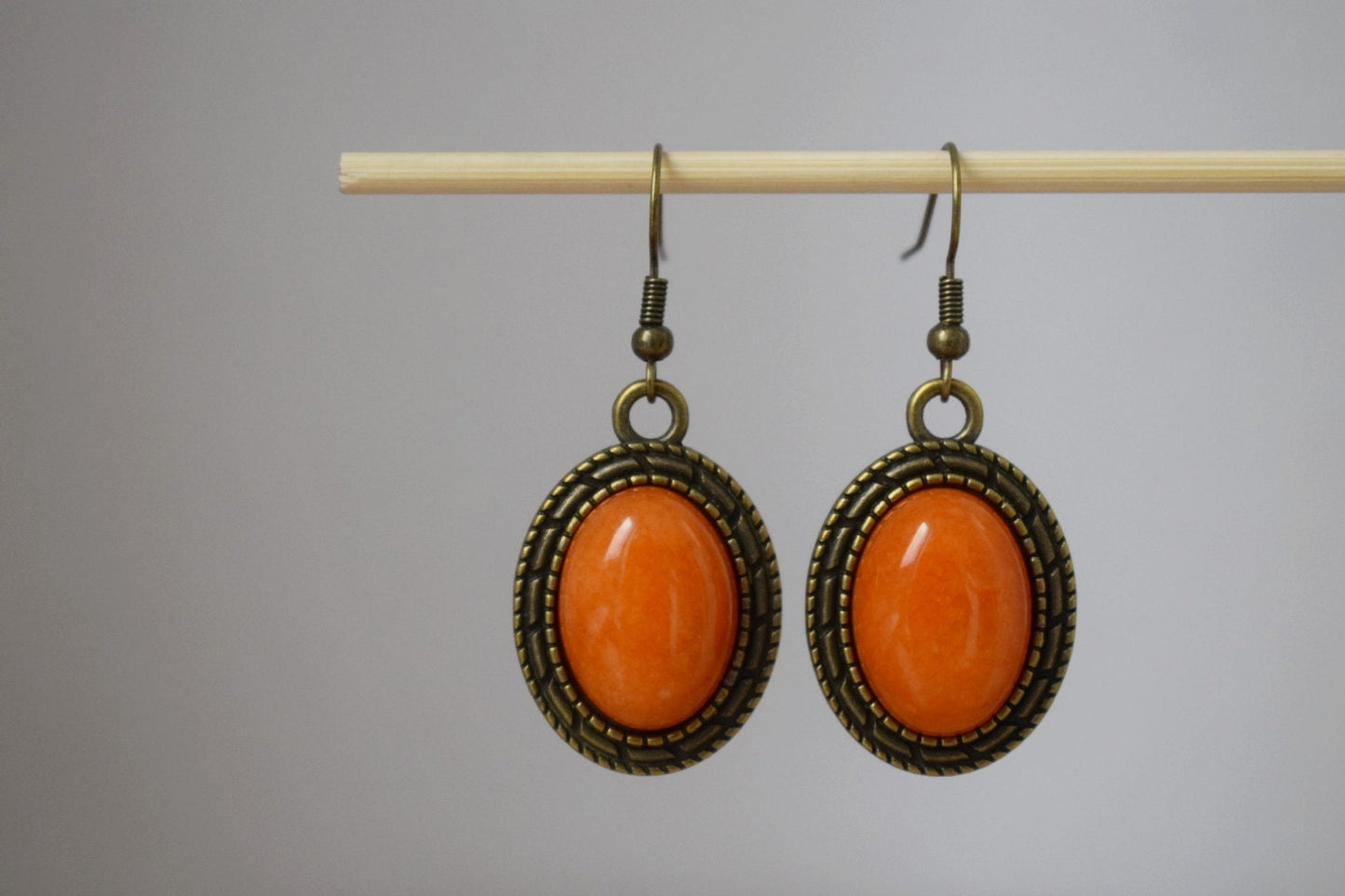 Vintage orange jade dangle earrings, Oval gemstone, Stone bronze pendant hanging, Statement filigree earrings, Boho, Jewelry gift women