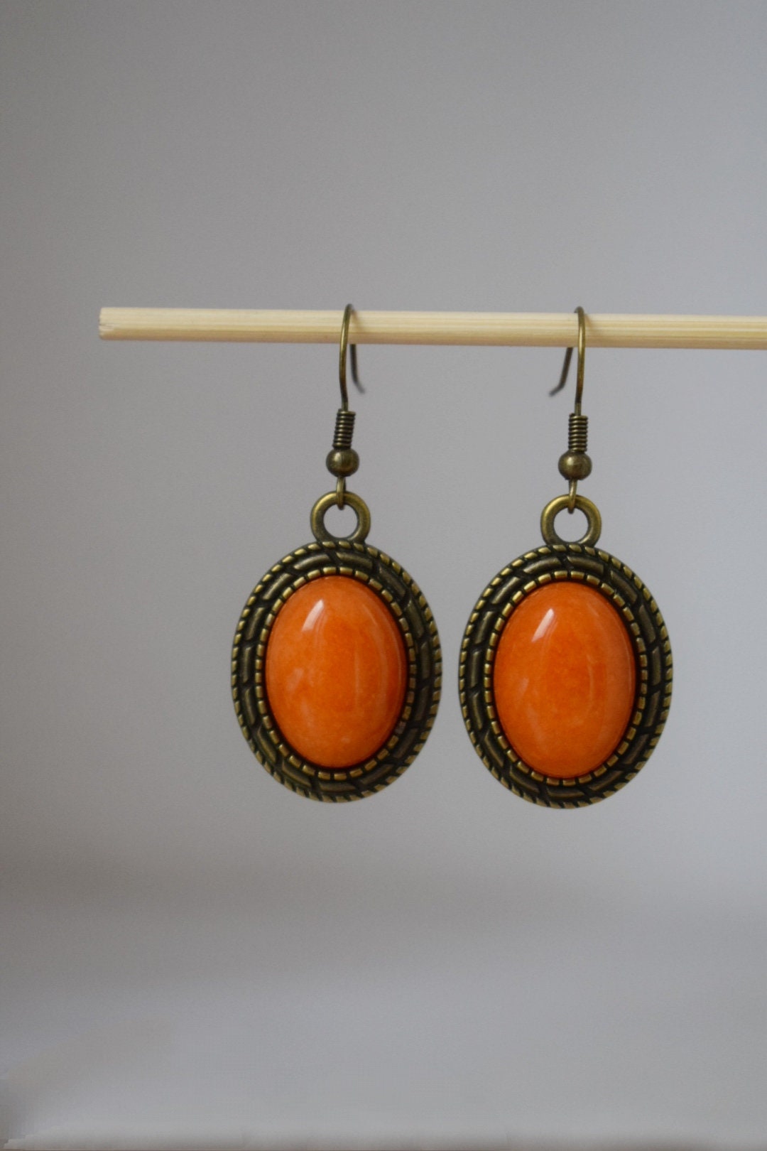 Vintage orange jade dangle earrings, Oval gemstone, Stone bronze pendant hanging, Statement filigree earrings, Boho, Jewelry gift women