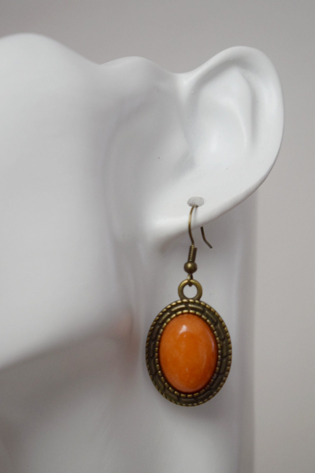 Vintage orange jade dangle earrings, Oval gemstone, Stone bronze pendant hanging, Statement filigree earrings, Boho, Jewelry gift women