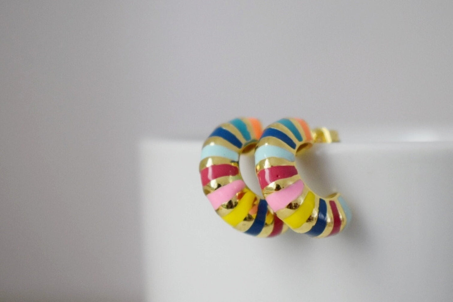 Half hoop colorful enamel stud earrings, Semi circle earrings, 18k gold plated C shape earrings, Statement chunky hoops, Modern, Gift women