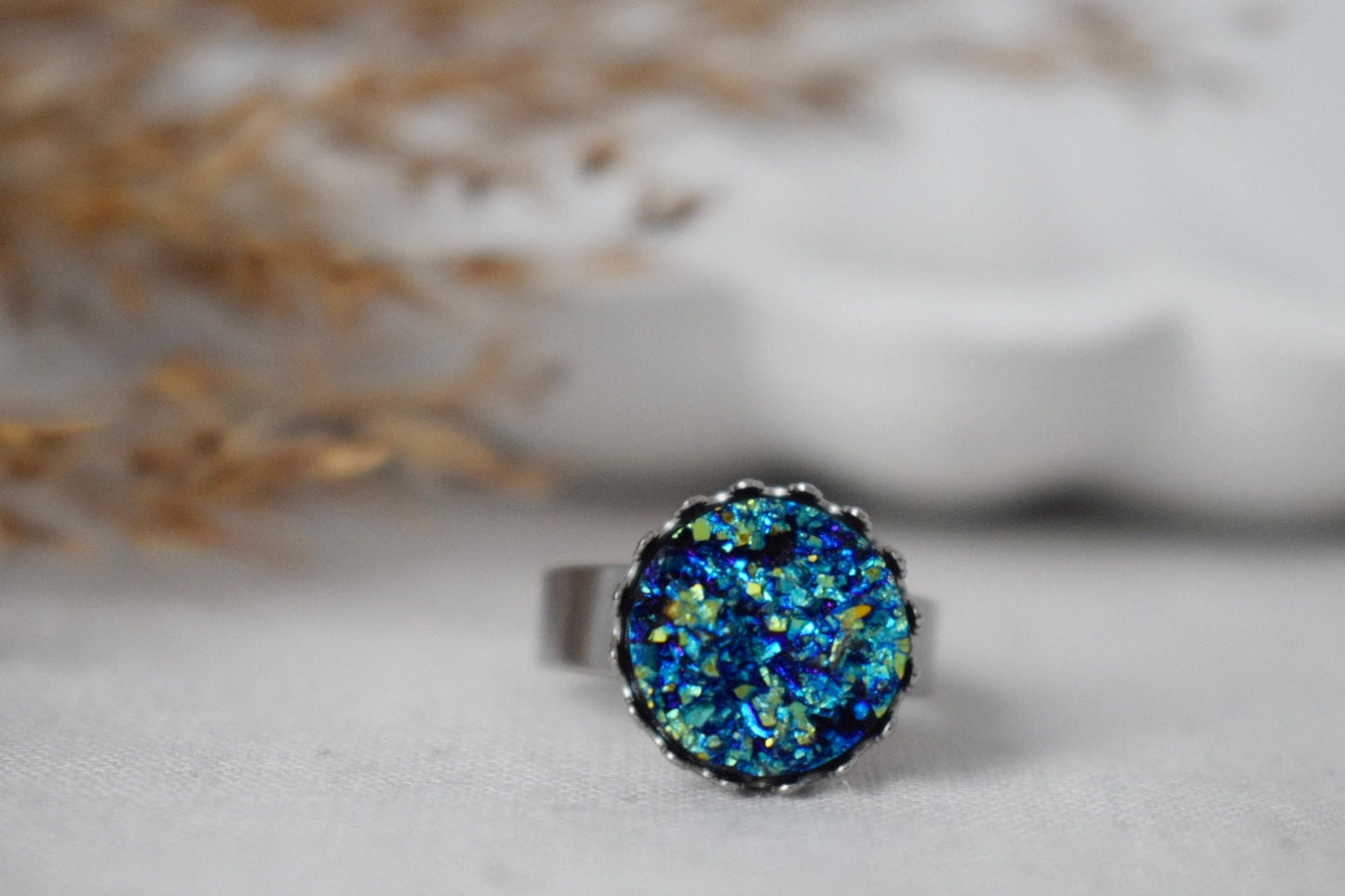 Crown Ring with Blue Druzy Cabochon, Pink, Silver, Adjustable Statement Ring, Everyday Round Ring, Druzy Jewelry, Birthday Gift For Her