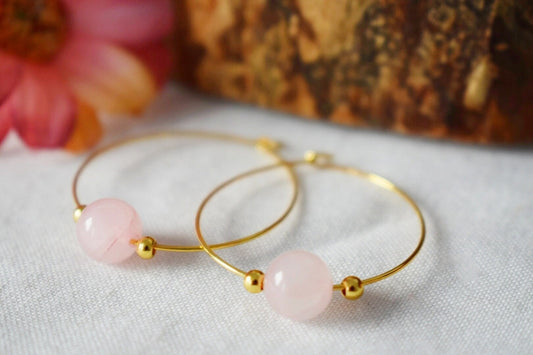 Rose quartz hoop earrings, 18k gold plated surgical stainless steel hoops, Gemstone beaded jewelry, Gift for her, Best valentine's day gift