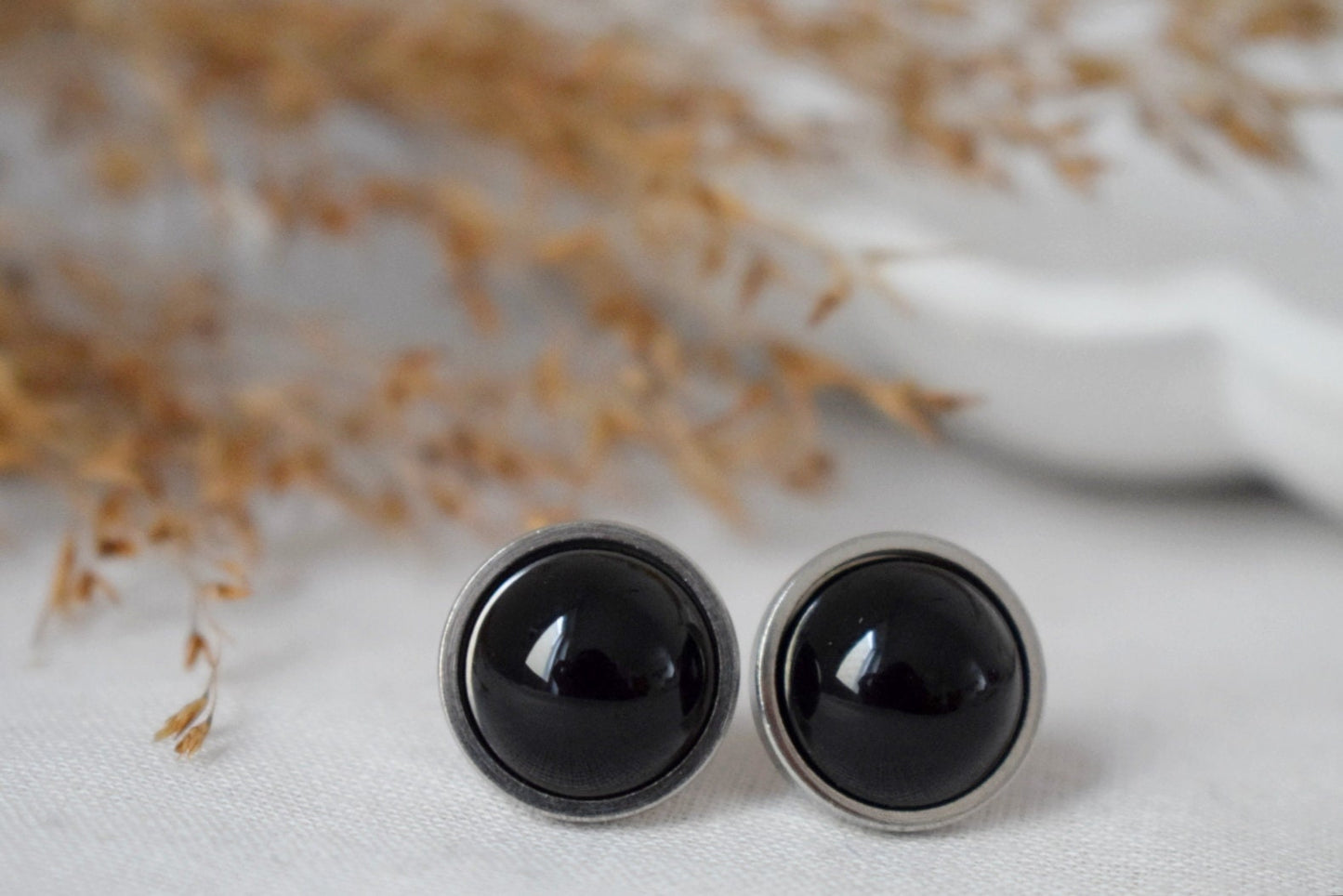 Black agate studs, round gemstone,  unisex push back earrings, gothic jewelry, post back earrings, gift for her