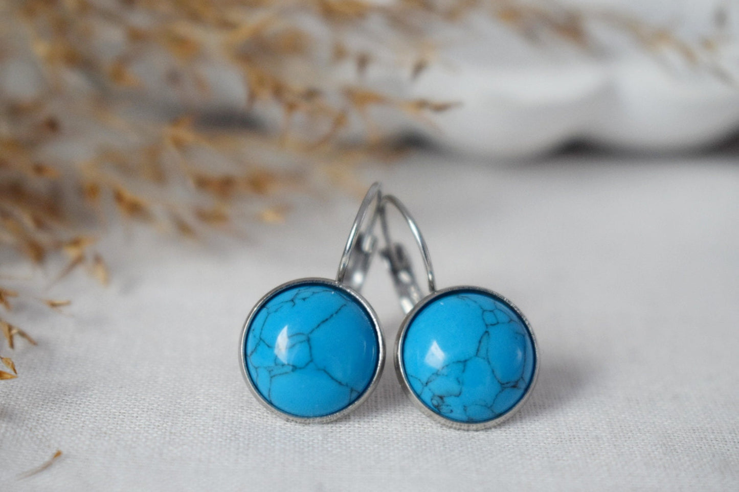 Turquoise Dangle Earrings 12mm Round Gemstone Stainless Steel Lever Back, Unisex Jewelry GiftBest christmas gift