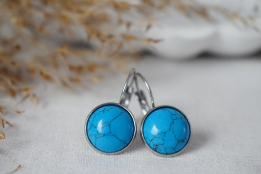 Turquoise Dangle Earrings 12mm Round Gemstone Stainless Steel Lever Back, Unisex Jewelry GiftBest christmas gift
