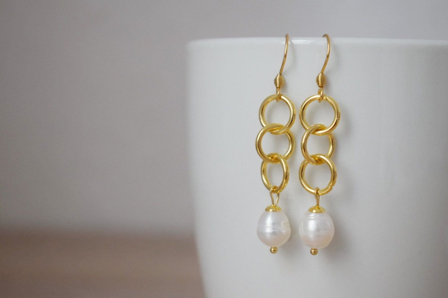Freshwater pearl earrings, Boho earrings, Long modern dangle earrings, 24k gold plated stainless steel jewelry, Best gift for her