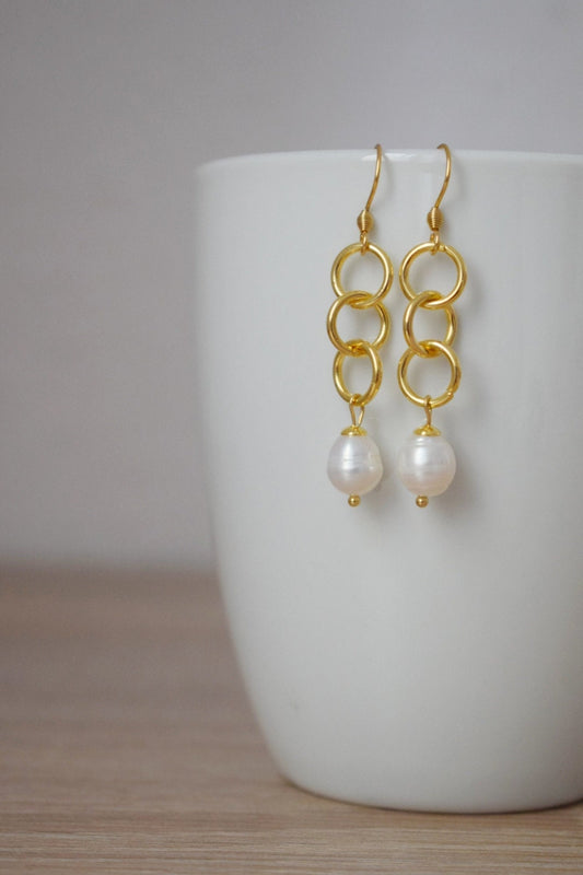 Freshwater pearl earrings, Boho earrings, Long modern dangle earrings, 24k gold plated stainless steel jewelry, Best gift for her