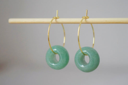 Aventurine donut hoop earrings, 18k Gold plated surgical stainless steel hoops, Gemstone unisex jewelryBest christmas gift