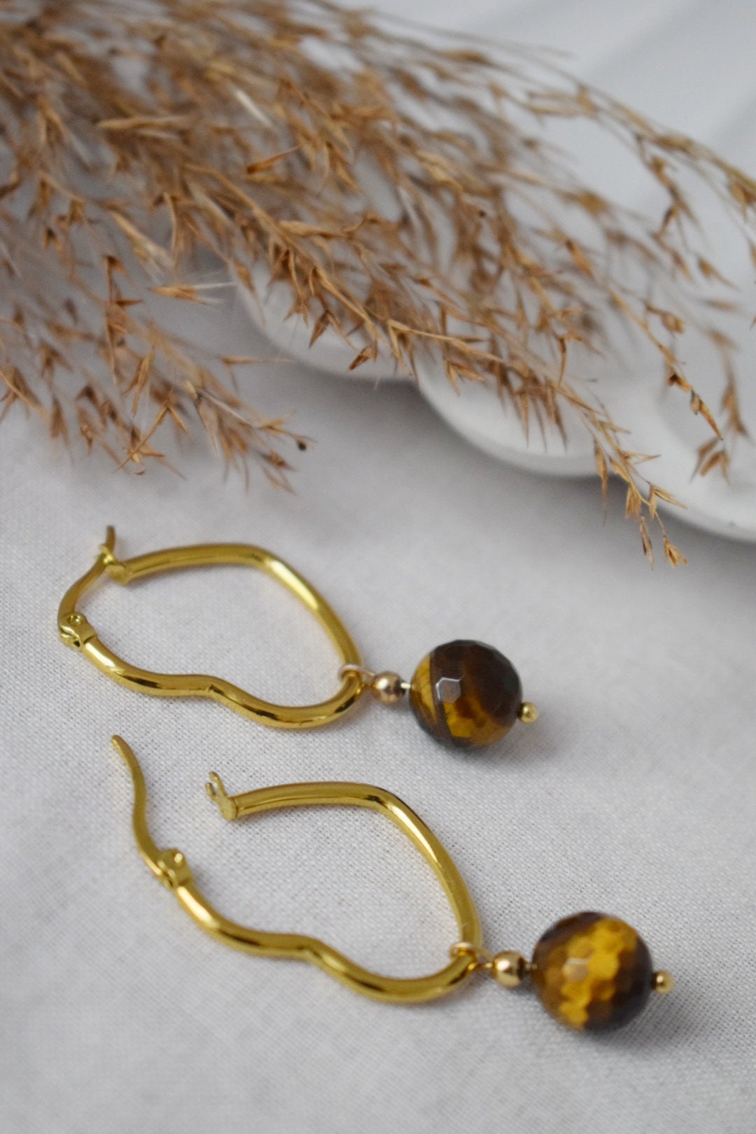 Tiger eye earrings with gold plated stainless steel heart hoops, Gemstone bead pendant, Unique jewelry gift, Best christmas gift