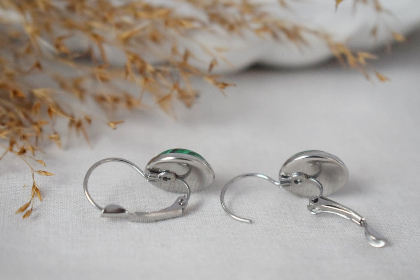 Malachite Dangle Earrings, 12mm Round Gemstone Stainless Steel Lever Back Earrings, Lightweight Jewelry, Best handmade gift for her