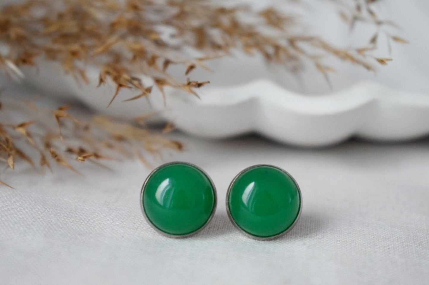 Green Jade Stud Earrings, 12mm Round Gemstone Studs, Stainless Steel Push Beck Earrings, Jewelry Gift, Mother's day gift
