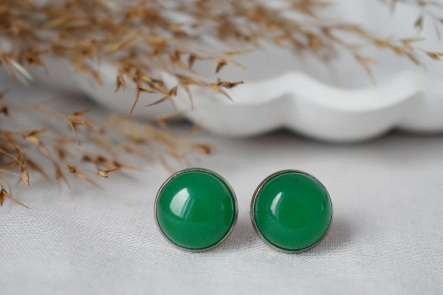 Green Jade Stud Earrings, 12mm Round Gemstone Studs, Stainless Steel Push Beck Earrings, Jewelry Gift, Mother's day gift