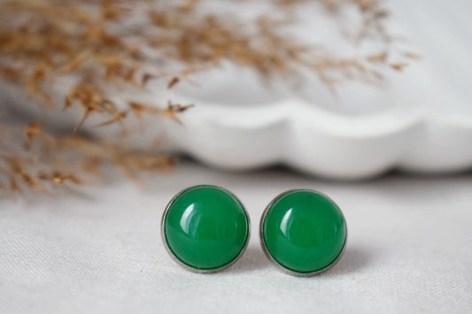 Green Jade Stud Earrings, 12mm Round Gemstone Studs, Stainless Steel Push Beck Earrings, Jewelry Gift, Mother's day gift