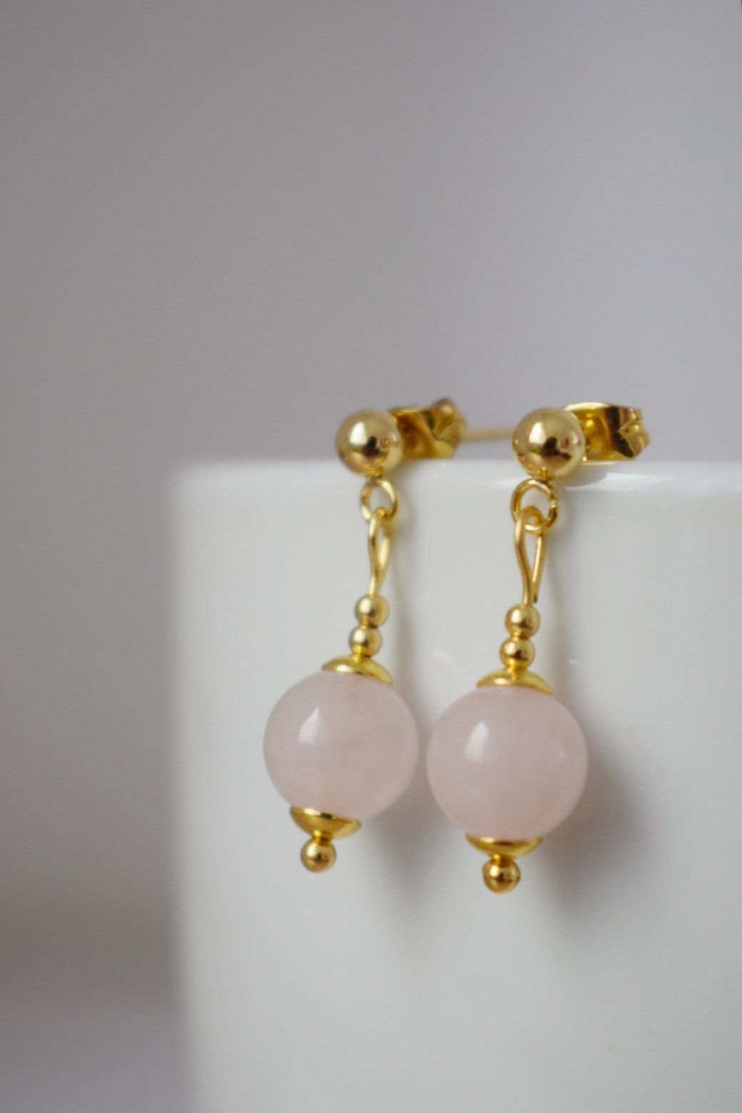Rose quartz stud earrings, Gemstone bead pendant, 24k gold plated stainless steel push back earrings, Rose quartz jewelry, Handmade gift