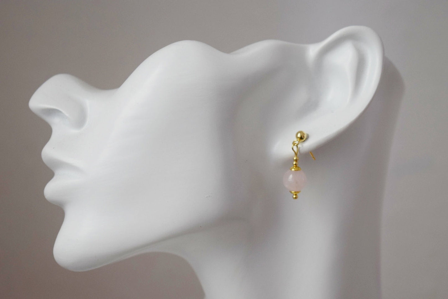 Rose quartz stud earrings, Gemstone bead pendant, 24k gold plated stainless steel push back earrings, Rose quartz jewelry, Handmade gift