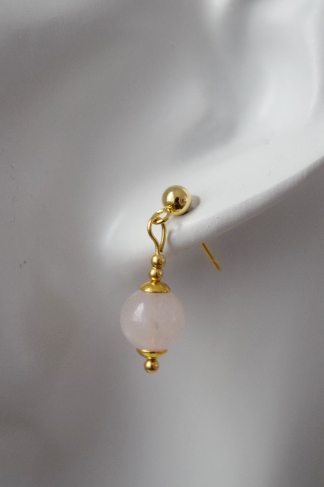 Rose quartz stud earrings, Gemstone bead pendant, 24k gold plated stainless steel push back earrings, Rose quartz jewelry, Handmade gift