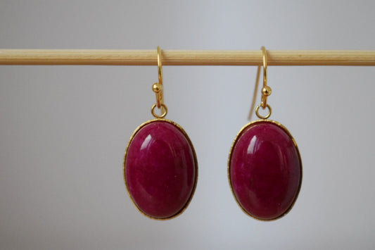 Red Jade Earrings, Oval Gemstone Hanging Earrings, Gold Plated Wine Red Earrings, Dangle Drop Stone Earrings For Women, Jade Jewelry Gift