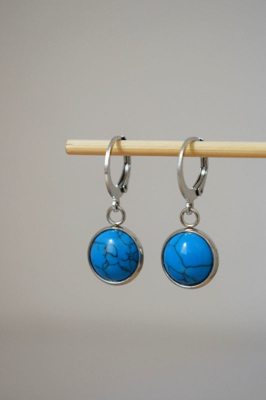 Turquoise earrings, Huggie earrings with turquoise pendant stainless steel, Round gemstone hoops, Small boho jewelry, Gift for her