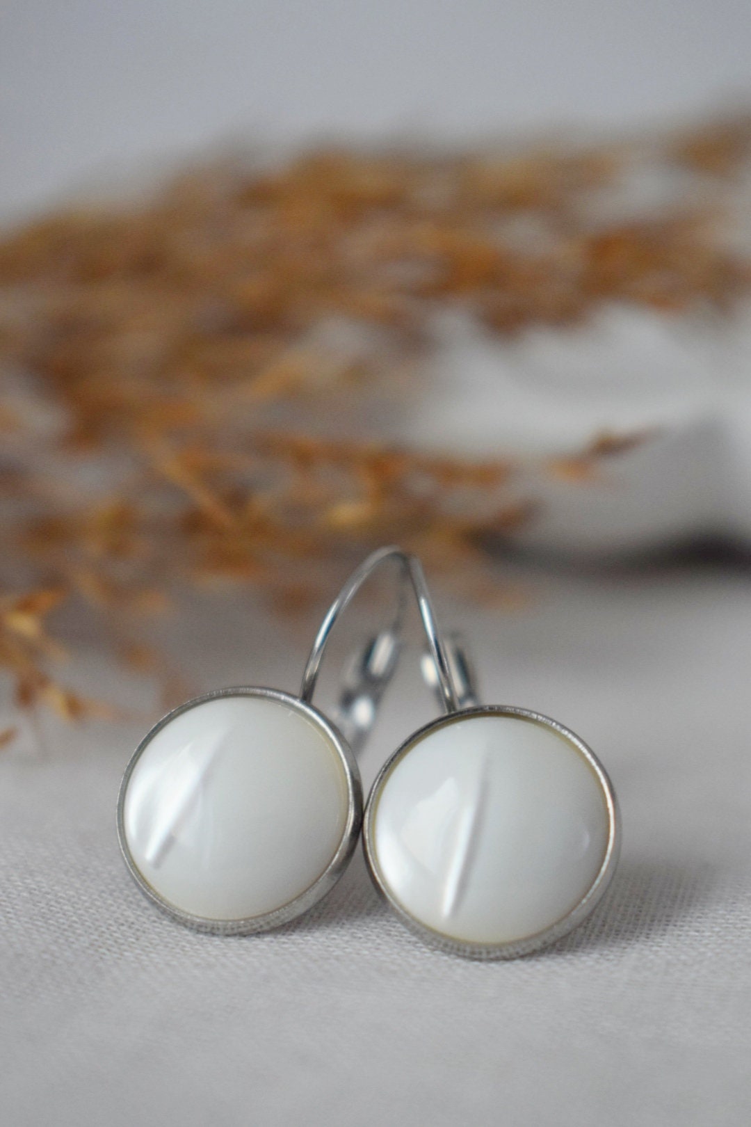 Mother of pearl earrings dangle, 12mm round lever back stainless steel earrings, Shell jewelry, Best unique Gift, Mother's day gift