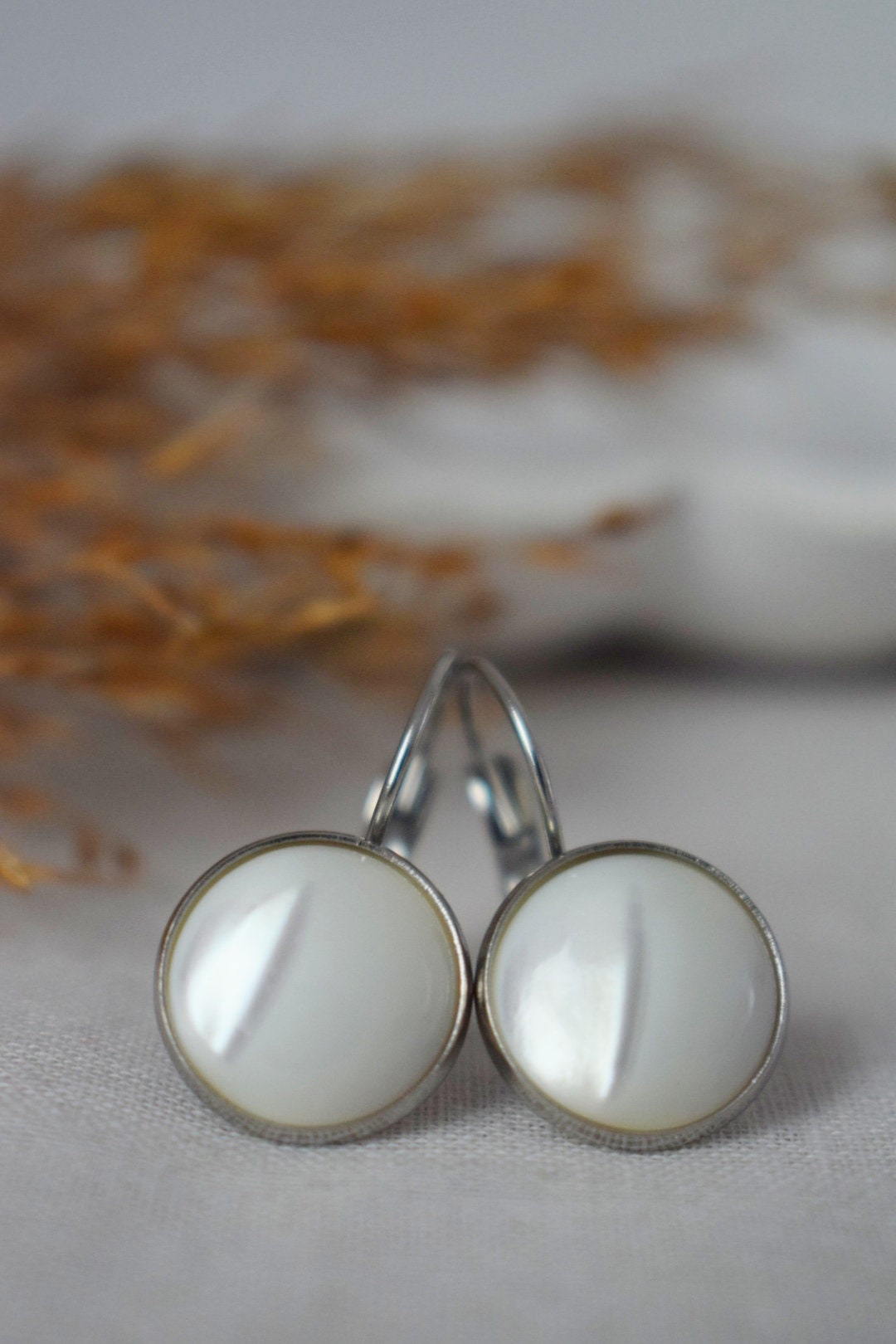 Mother of pearl earrings dangle, 12mm round lever back stainless steel earrings, Shell jewelry, Best unique Gift, Mother's day gift