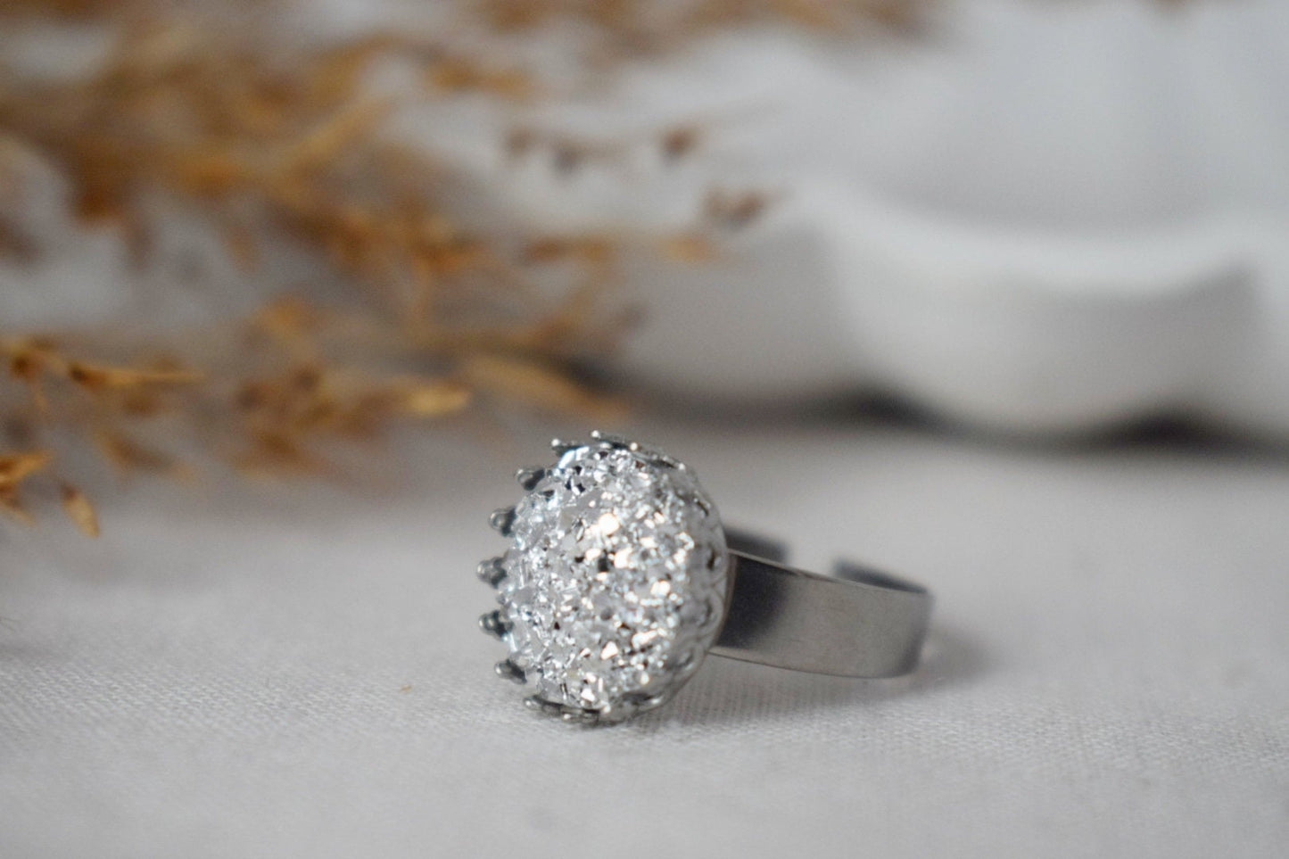 Crown Ring with Blue Druzy Cabochon, Pink, Silver, Adjustable Statement Ring, Everyday Round Ring, Druzy Jewelry, Birthday Gift For Her