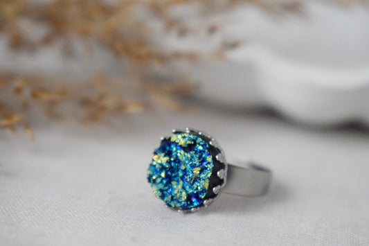 Crown Ring with Blue Druzy Cabochon, Pink, Silver, Adjustable Statement Ring, Everyday Round Ring, Druzy Jewelry, Birthday Gift For Her