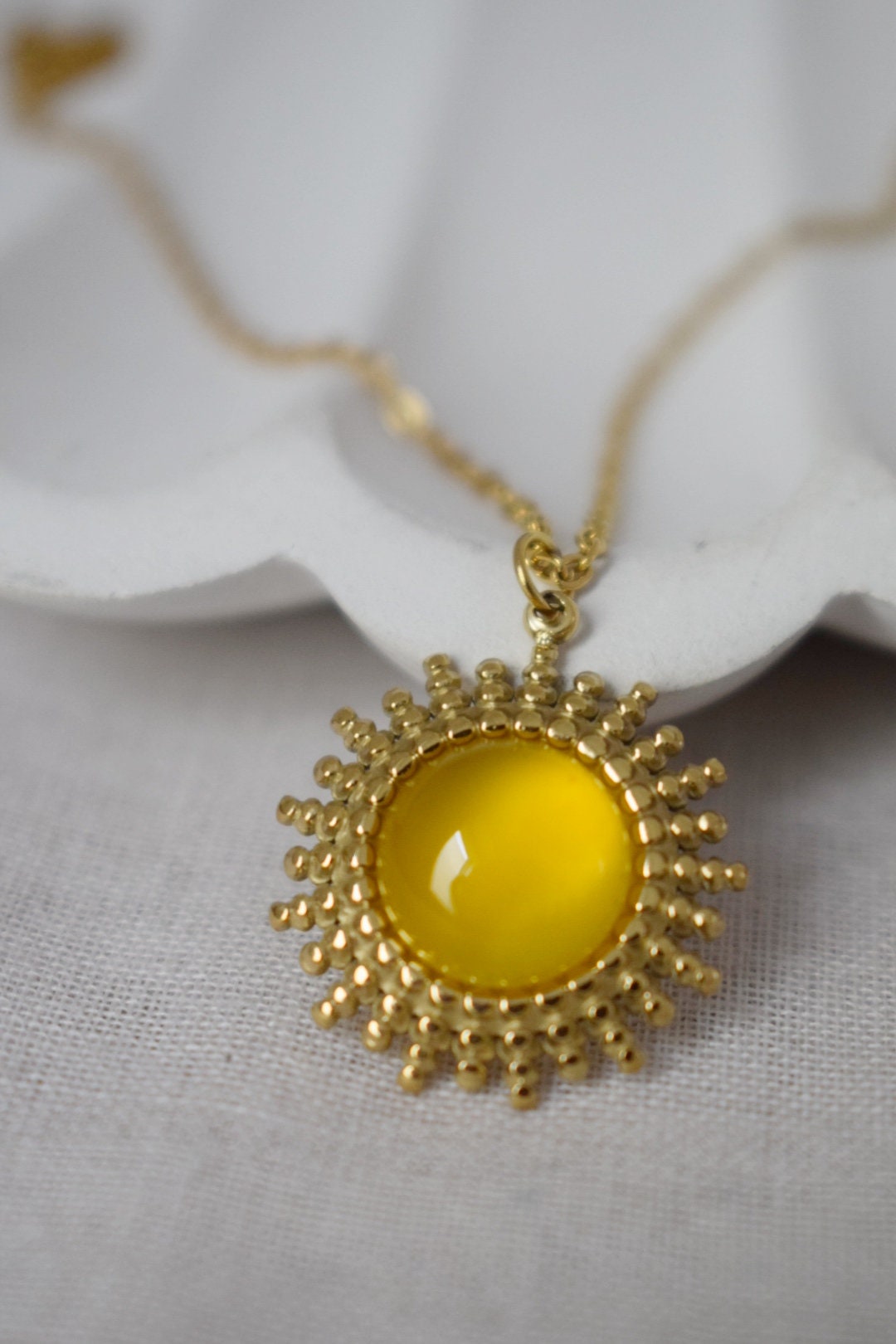 Yellow agate necklace, 14k gold plated stainless steel round sun pendant with adjustable necklace chain, Birthstone unique jewelry gift