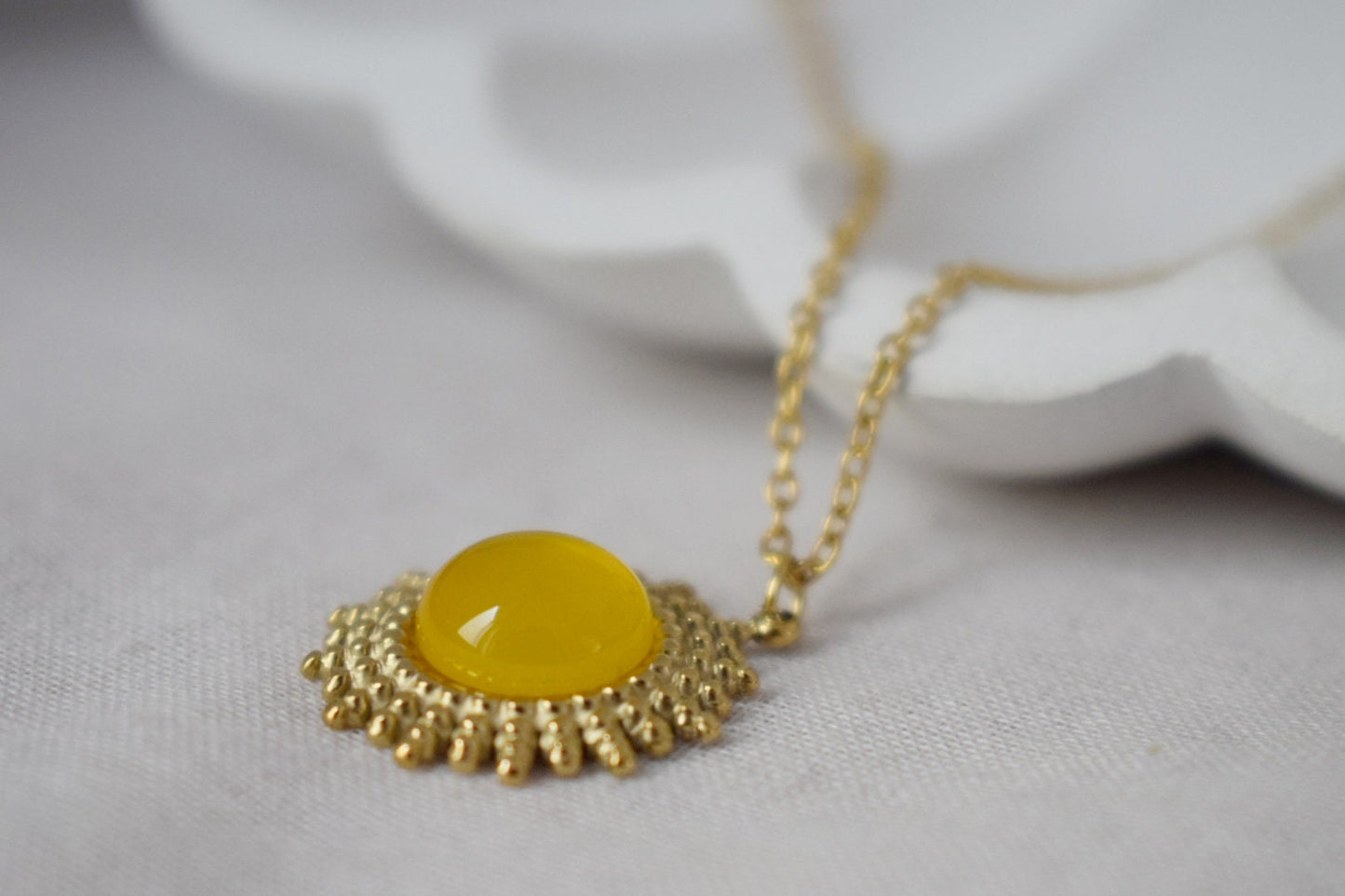 Yellow agate necklace, 14k gold plated stainless steel round sun pendant with adjustable necklace chain, Birthstone unique jewelry gift