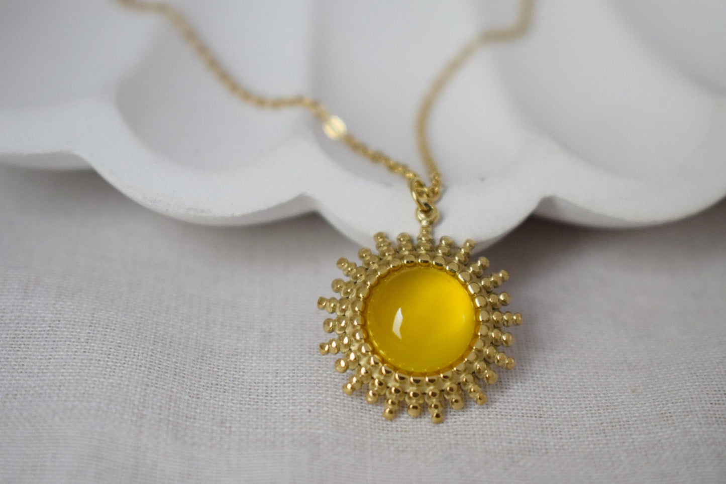 Yellow agate necklace, 14k gold plated stainless steel round sun pendant with adjustable necklace chain, Birthstone unique jewelry gift