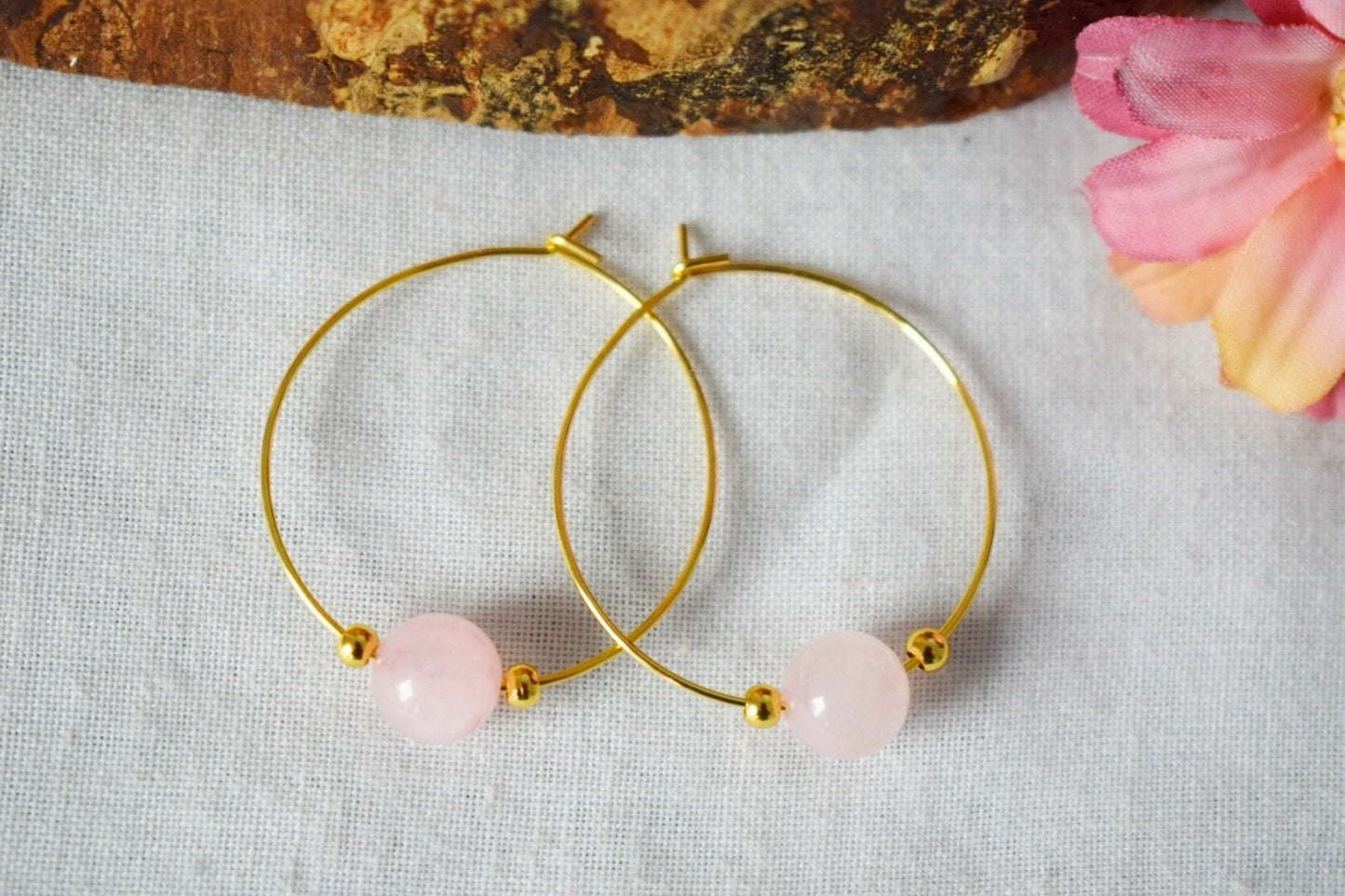 Rose quartz hoop earrings, 18k gold plated surgical stainless steel hoops, Gemstone beaded jewelry, Gift for her, Best valentine's day gift
