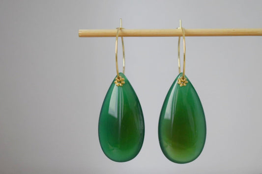 Natural green agate hoop earrings 18k gold plated stainless steel, Long teardrop gemstone earrings, Handmade jewelry gift