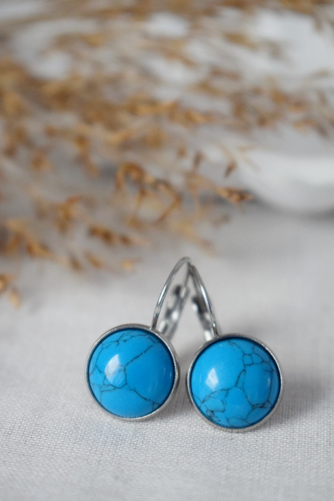 Turquoise Dangle Earrings 12mm Round Gemstone Stainless Steel Lever Back, Unisex Jewelry GiftBest christmas gift