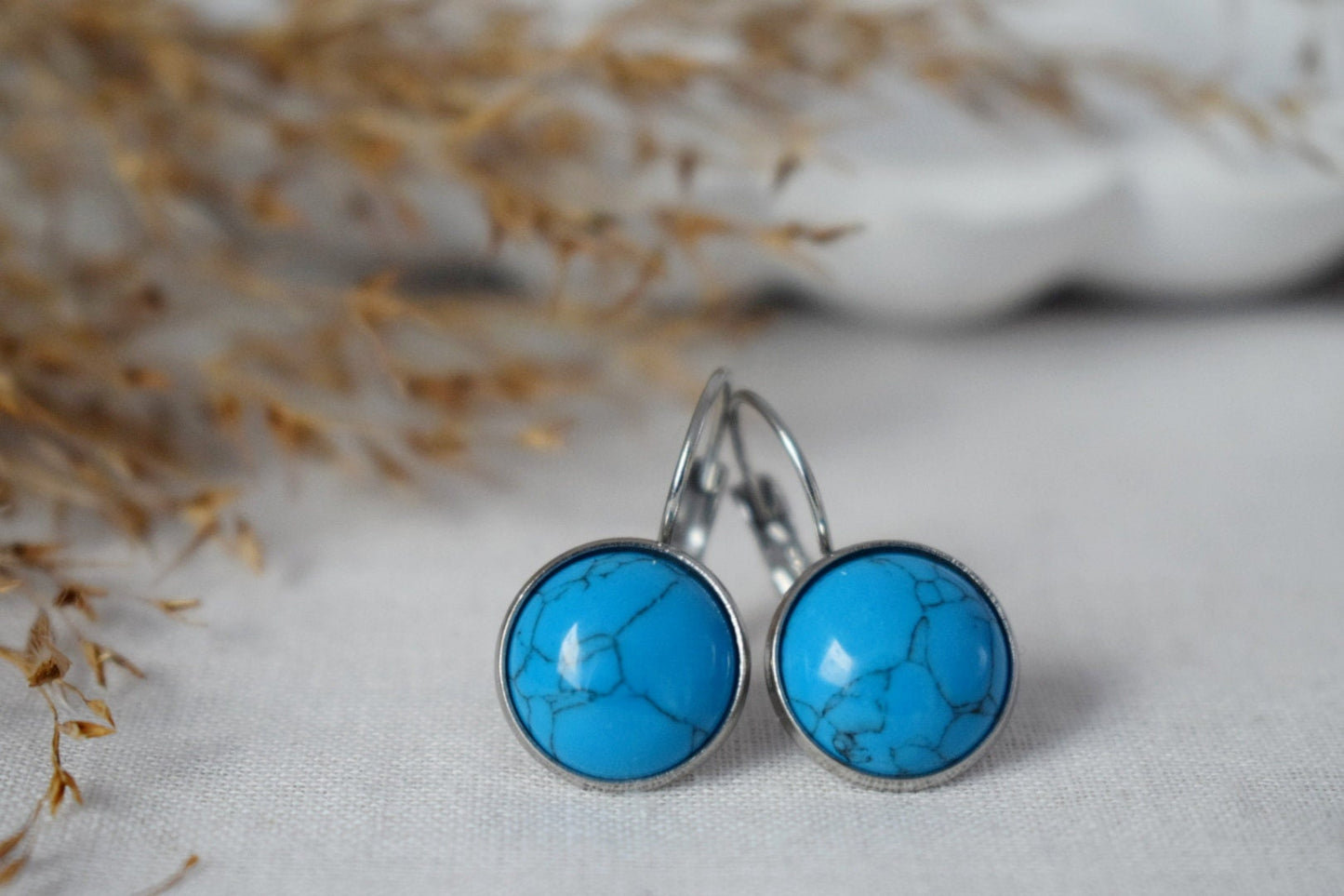 Turquoise Dangle Earrings 12mm Round Gemstone Stainless Steel Lever Back, Unisex Jewelry GiftBest christmas gift