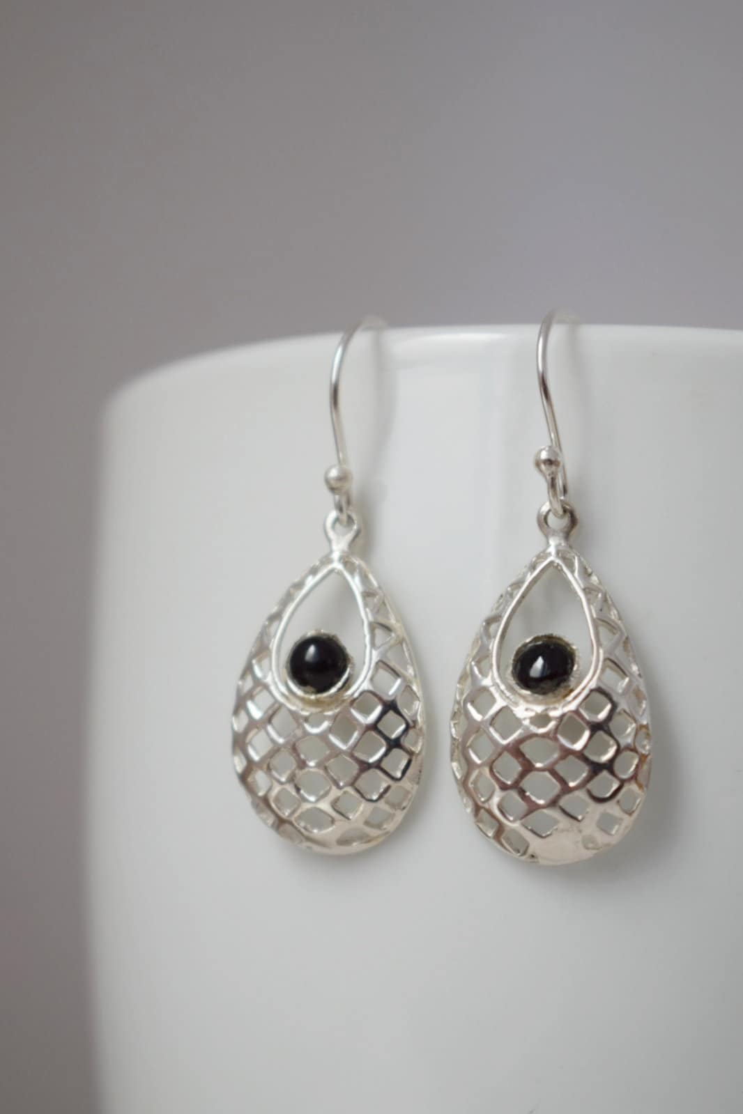 Black onyx dangle earrings with sterling silver teardrop ornament pendant and 925 silver earrings hooks, Boho gemstone jewelry, Gift for her