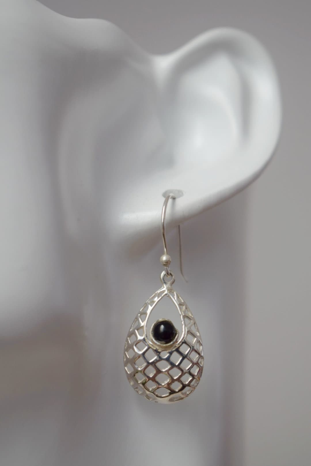 Black onyx dangle earrings with sterling silver teardrop ornament pendant and 925 silver earrings hooks, Boho gemstone jewelry, Gift for her