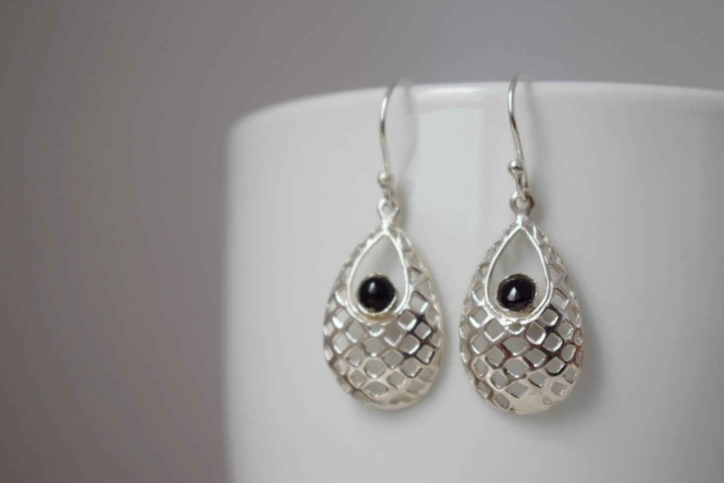 Black onyx dangle earrings with sterling silver teardrop ornament pendant and 925 silver earrings hooks, Boho gemstone jewelry, Gift for her