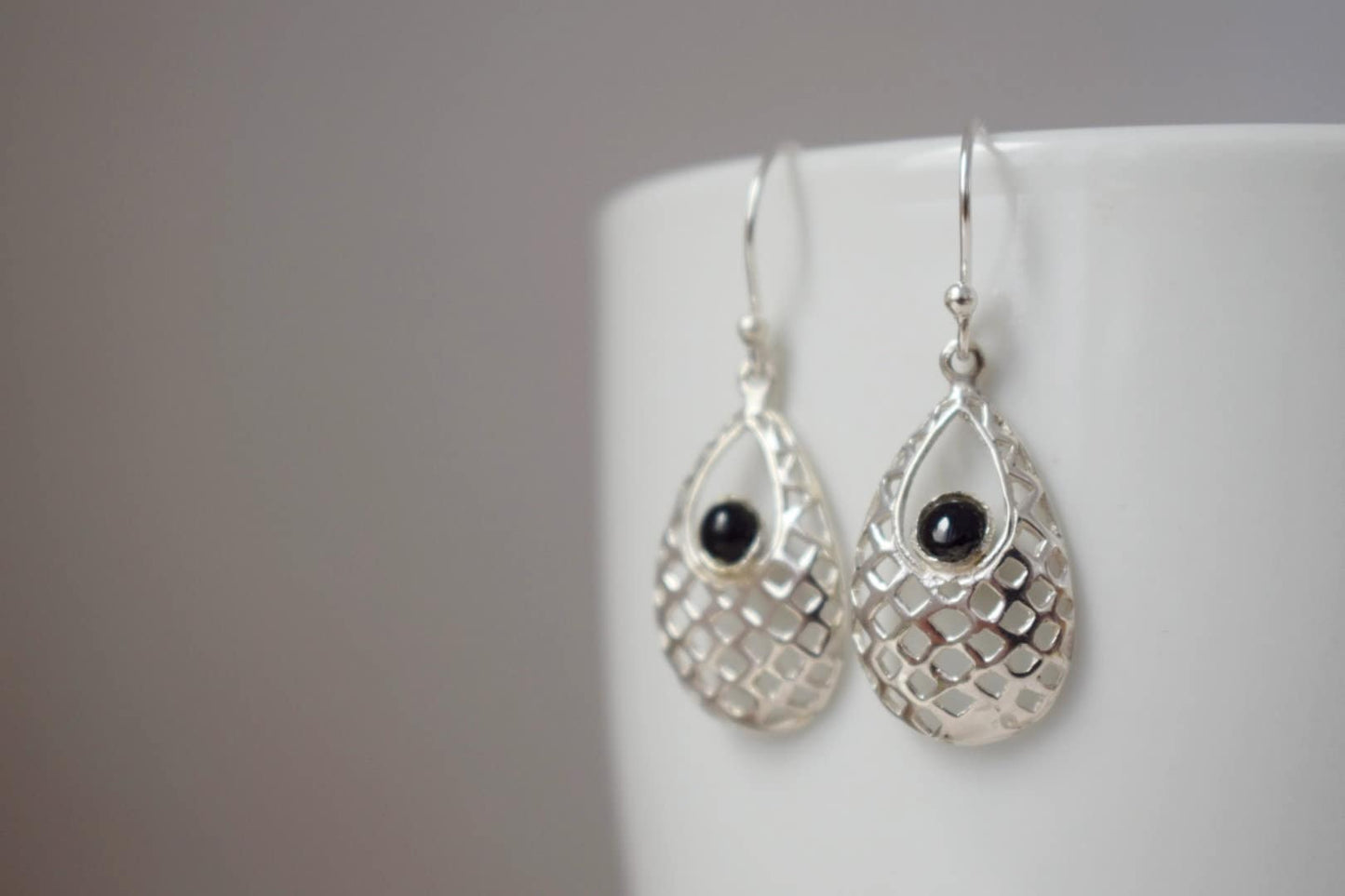 Black onyx dangle earrings with sterling silver teardrop ornament pendant and 925 silver earrings hooks, Boho gemstone jewelry, Gift for her